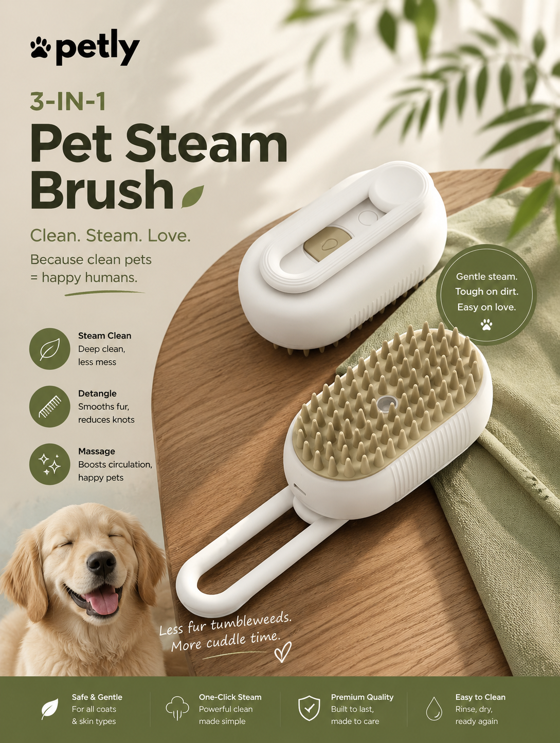 3-in-1 Pet Steam Brush — Groom, Massage & Deshed in Seconds
